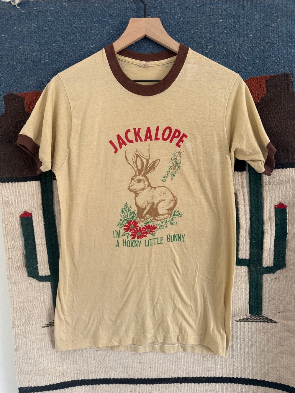 Jackalope Graphic Ringer Tee - Beige with Brown Trim